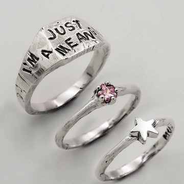 Mix Anéis Abelha Rainha, Às Quartas Usamos... Zircônia Rosa e Estrela - Prata 925