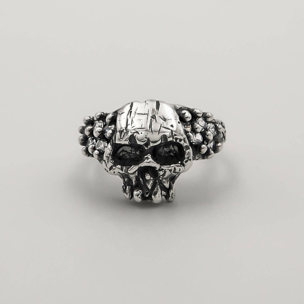 Mix Anel Grave Skull Zircônia e Brinco God - Prata 925