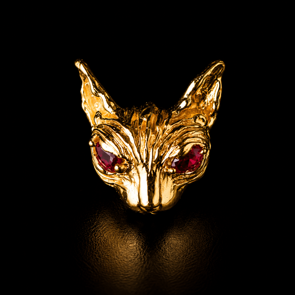Broche Sphynx Rubi - Banho Ouro