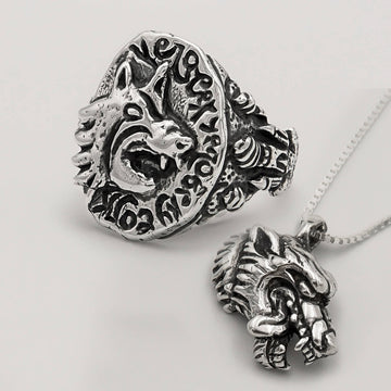 Mix Anel e Pingente Wolf Russian - Prata 925