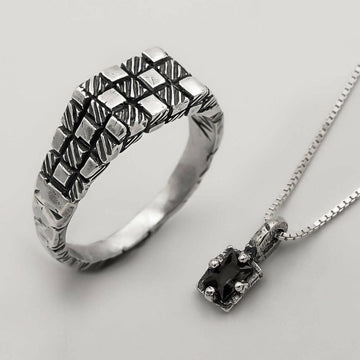 Mix Anel Mosh e Pingente Relic Ônix - Prata 925