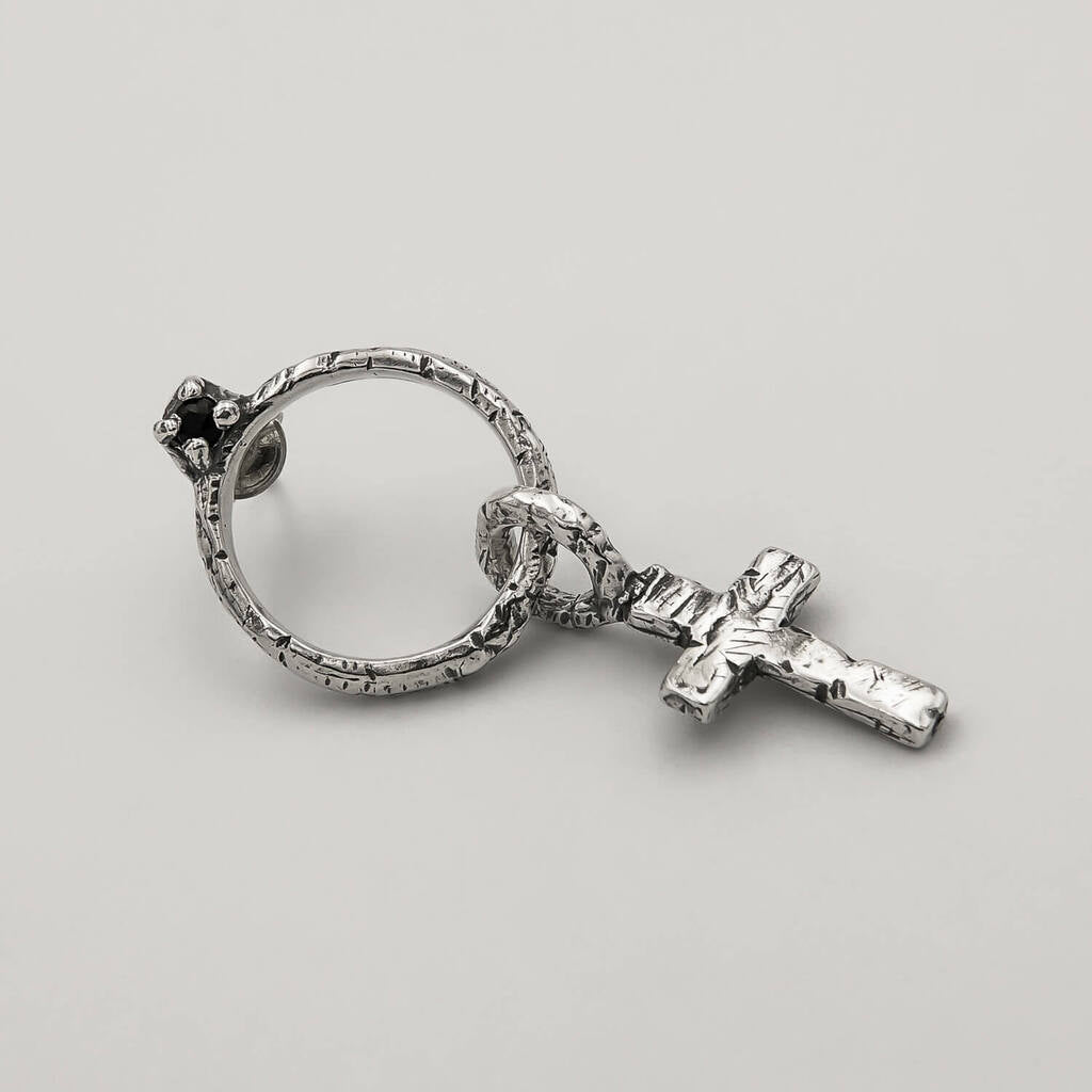 Mix Anel Grave Skull Zircônia e Brinco God - Prata 925