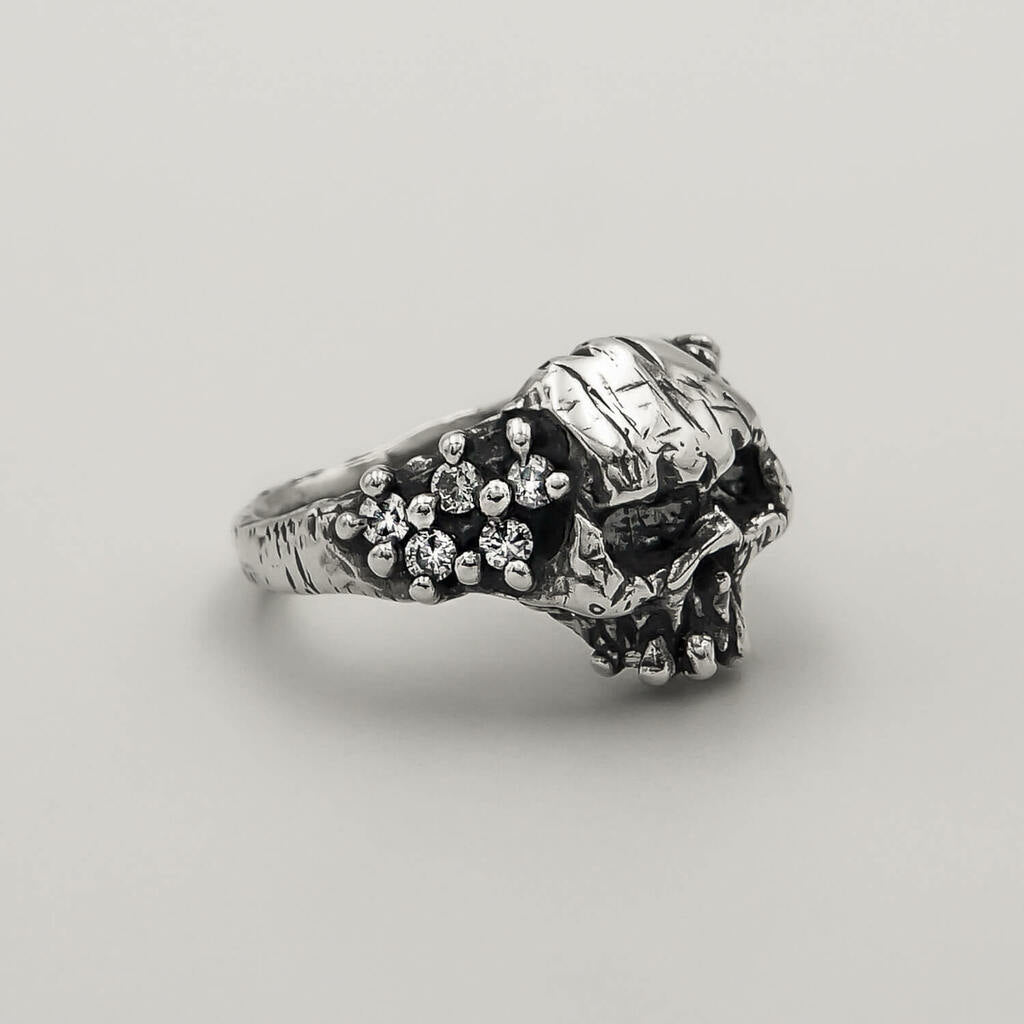 Mix Anel Grave Skull Zircônia e Brinco God - Prata 925